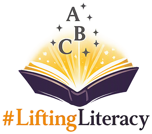 #LiftingLiteracy logo: an open book with light and the letters A, B and C rising from its pages